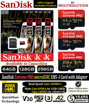 SanDisk Extreme PRO microSDXC UHS-I Card with Adapter – 64GB – 128GB – 256GB | 5 Years Warranty | 4K U3 C10 V30