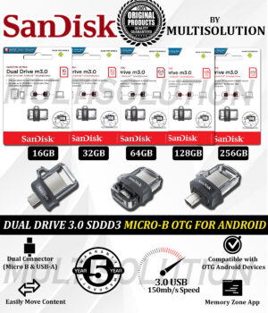 Sandisk micro Android OTG USB Flash Drive – 16GB – 32GB – 64GB – 128GB – 256GB – SDDD3 Dual Drive m3.0 – 5 Years Warranty