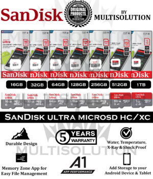 SanDisk Ultra microSD Memory Card – 1TB – 512GB – 256GB – 128GB – 64GB – 32GB – 16GB – 5 Years Warranty