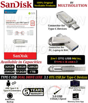 Sandisk Luxe Type C OTG Dual Drive USB 3.1 – OTG – 5 Years Warranty